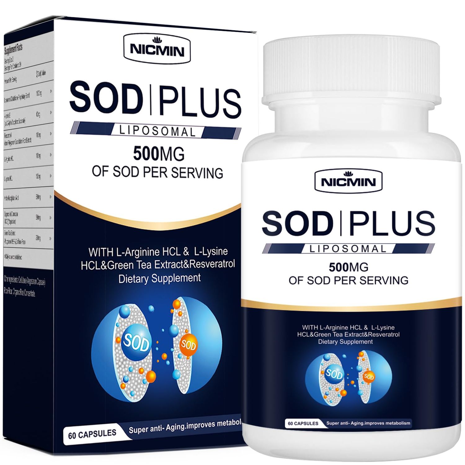 Superoxide Dismutase Supplement 500mg - SOD Plus with liposomal glutathione, AKG, Green Tea Extract, L-Arginine, Lysine, Resveratrol and Vitamin E for Immune Support, Antioxidant 60 Capsules