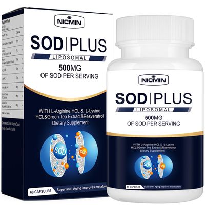 Superoxide Dismutase Supplement 500mg - SOD Plus with liposomal glutathione, AKG, Green Tea Extract, L-Arginine, Lysine, Resveratrol and Vitamin E for Immune Support, Antioxidant 60 Capsules