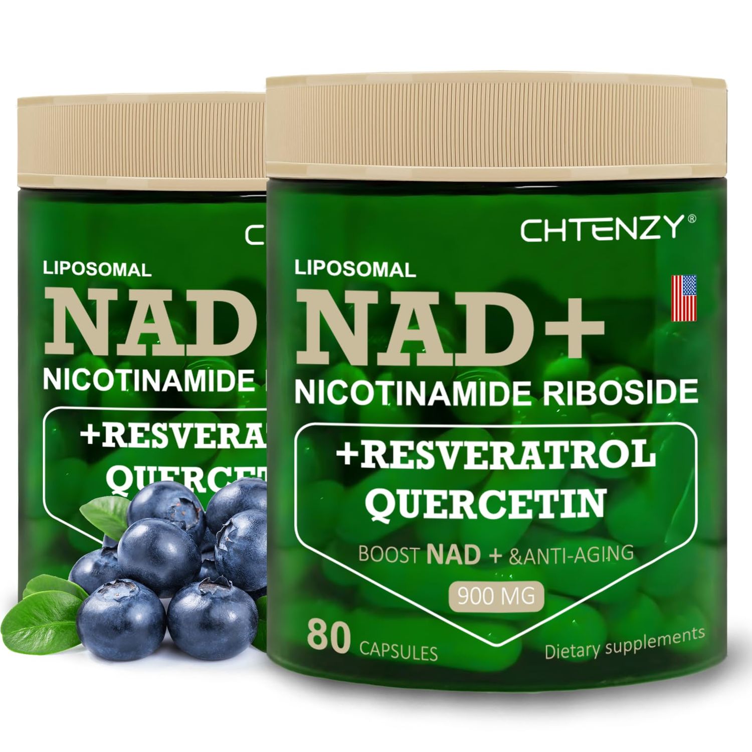 CHTENZY NAD Supplement, NAD Nicotinamide Riboside Resveratrol 900mg, Liposomal NAD Supplements for Women &amp; Man, High Purity NMN Supplement Alternative for Anti-Aging,Energy,80 Capsules, 2 Bottle