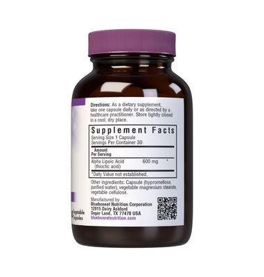 BlueBonnet Alpha Lipoic Acid 600mg - Powerful Antioxidant Nerve Support Supplement for Women & Men - Non-GMO, Vegan, Kosher - Gluten-Free, Soy-Free, Dairy-Free - 60 Vegetable Capsules