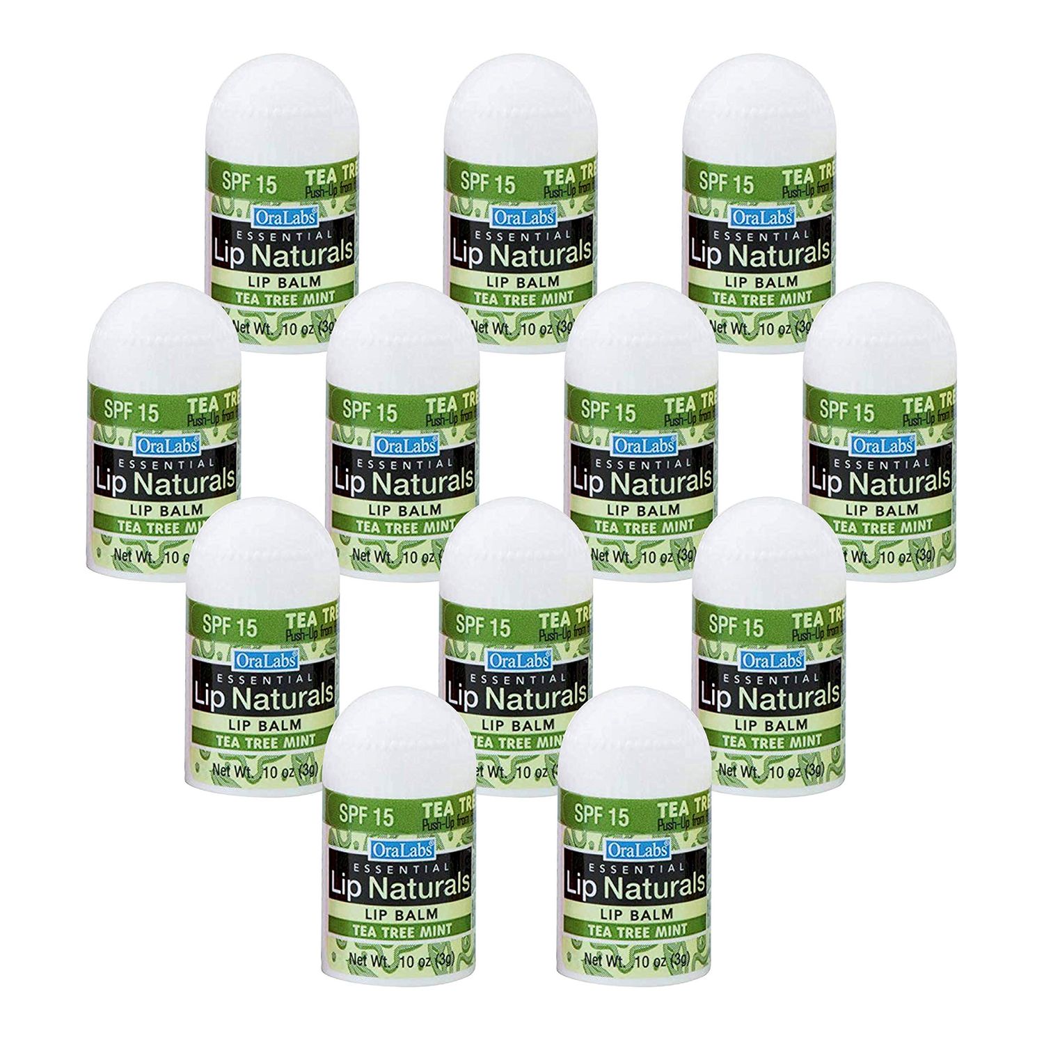 Lip Naturals | Mini Tea Tree Balm with Sunscreen (SPF-15) | Made in USA with Coconut Oil, Tea Tree Oil, and Peppermint Oil | 12-Count Mini Lip Balm Pack with Tea Tree Mint Flavor (0.10oz/3g Each)