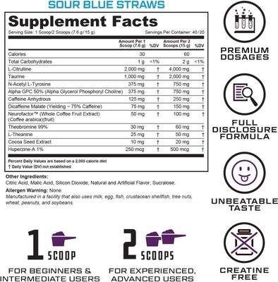 Prevail Pre Workout Powder with Nootropics: Best Pre Workout for Men and Women, Cutting Edge Energy and Focus Supplement with L Citrulline, Alpha GPC, L Tyrosine | Sour Blue Razz, 40 Scoops