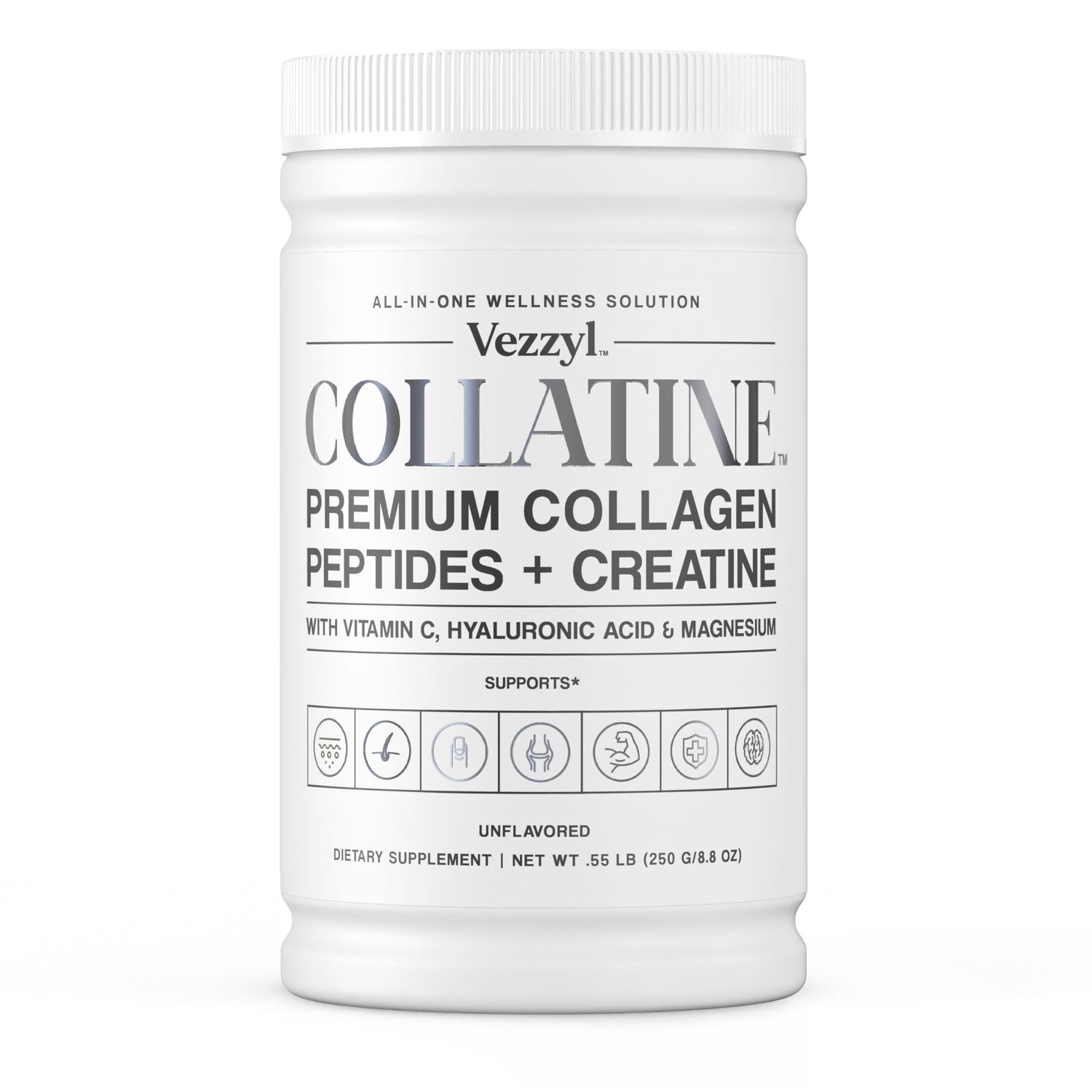 Vezzyl - Collatine - Premium Collagen Peptides Creatine with Vitamin C, Hyaluronic Acid and Magnesium for Skin, Hair, Nails, Bone &amp; Joint, Muscle, Immune and Cognitive Aid (.55 LB (250 G/8.8 OZ)