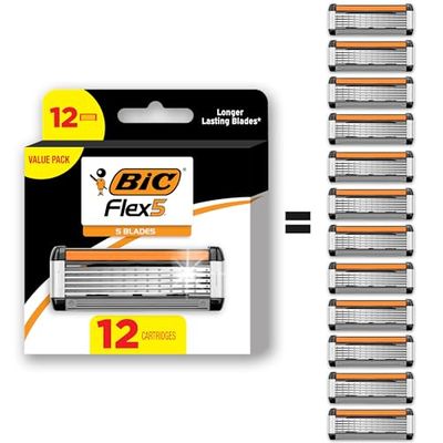 BIC Flex 5 Refillable Men&#39;s Razor, Ideal Head Shavers for Bald Men, 12 Refill Cartridges, 5 Blade Razors for a Close Shave