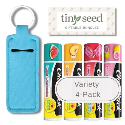 TINY SEED Gift Set: Variety 4-Pack Lip Balm: Strawberry Ice Pop, Pink Lemonade, Peaches &amp; Cream, Sweet Watermelon. Limited Edition I Love Summer Collection. Includes Lip Balm Holder Keychain (Blue)