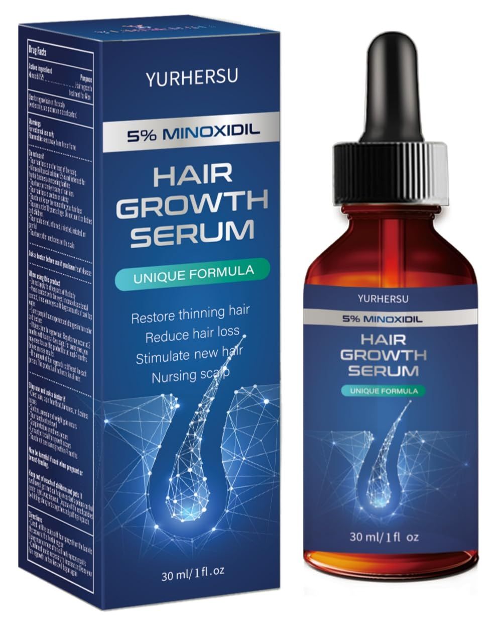 Hair Growth Serum with 5 Minoxidil, for Men &amp; Women Hair/Beard Regrowth, Infused with Biotin &amp; Glycerin, Anti Hair Loss Treatment For Sparse/Longer Hair, 1 fl oz(30ml)