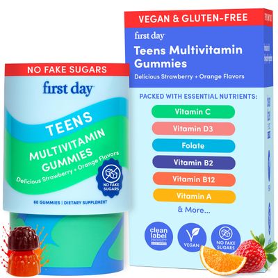 FIRST DAY Vitamins for Teens - Teen Multi Vitamins for Girls &amp; Boys 12-17, Organic Fruit &amp; Veggie Blend - 12 Key Nutrients: Vitamins A, B1, B2, B6, B9, B12, C, D3, E, K2-30 Day Supply