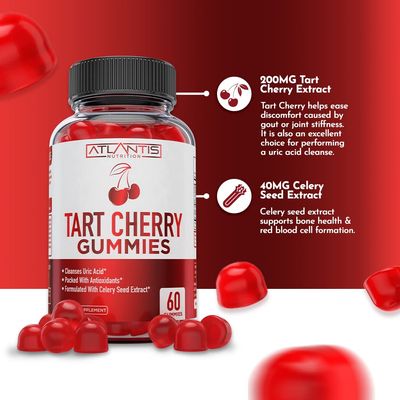 Atlantis Nutrition Tart Cherry Gummies with Celery Seed Extract - Advanced Uric Acid Cleanse for Immediate Gout Relief, Joint Relief &amp; Recovery | Powerful Antioxidant with Joint Support - 60 Gummies