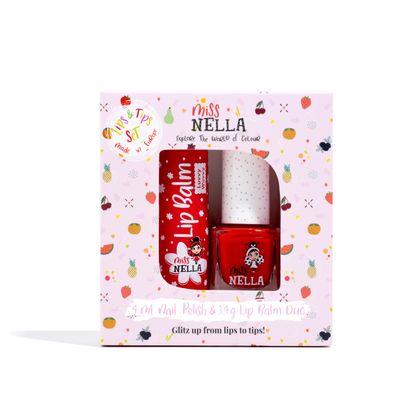 MISS NELLA Nail Polis Lip Balm set- Special Red Nail Polish for Kids- STRAWBERRY N CREAM, with Peel-off, Water Based &amp; Odour Free Formula LUVVY WUVVY red hypoallergenic lip balm