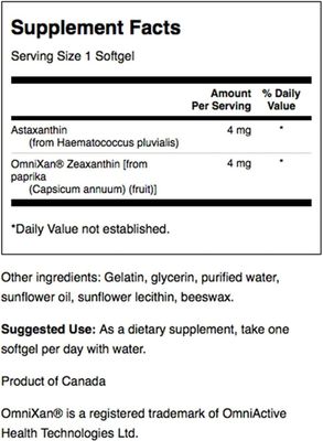 Swanson Astaxanthin &amp; Zeaxanthin Eye Vision Brain Skin Health Antioxidant Support Supplement (Astaxanthin 4 mg &amp; OmniXan Zeaxanthin 4 mg) 60 Softgels Sgels