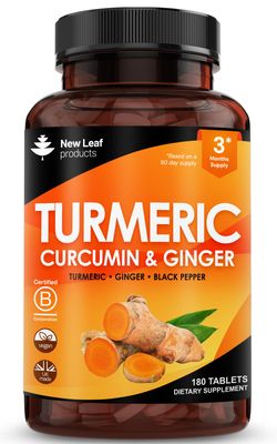 Turmeric Tablets with Black Pepper &amp; Ginger - Curcumin - 180 Turmeric and Black Pepper Tablets (3 Month) High Strength Active Turmeric Supplements Not Capsules, by New Leaf