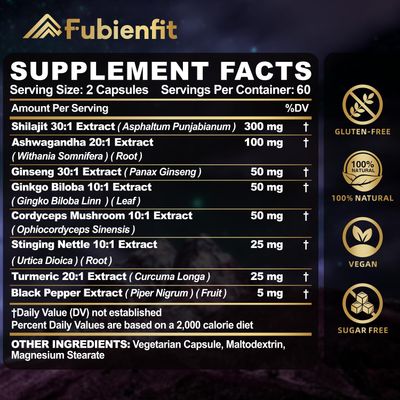 Fubienfit Shilajit Capsules - Premium Shilajit for Men - with Ashwagandha Ginseng and More Fulvic Acid for Men/Women - 120 Capsules