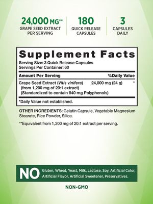 Nature's Truth Grape Seed Extract 24,000 mg | 180 Capsules | Standardized Supplement | Non-GMO &amp; Gluten Free Formula