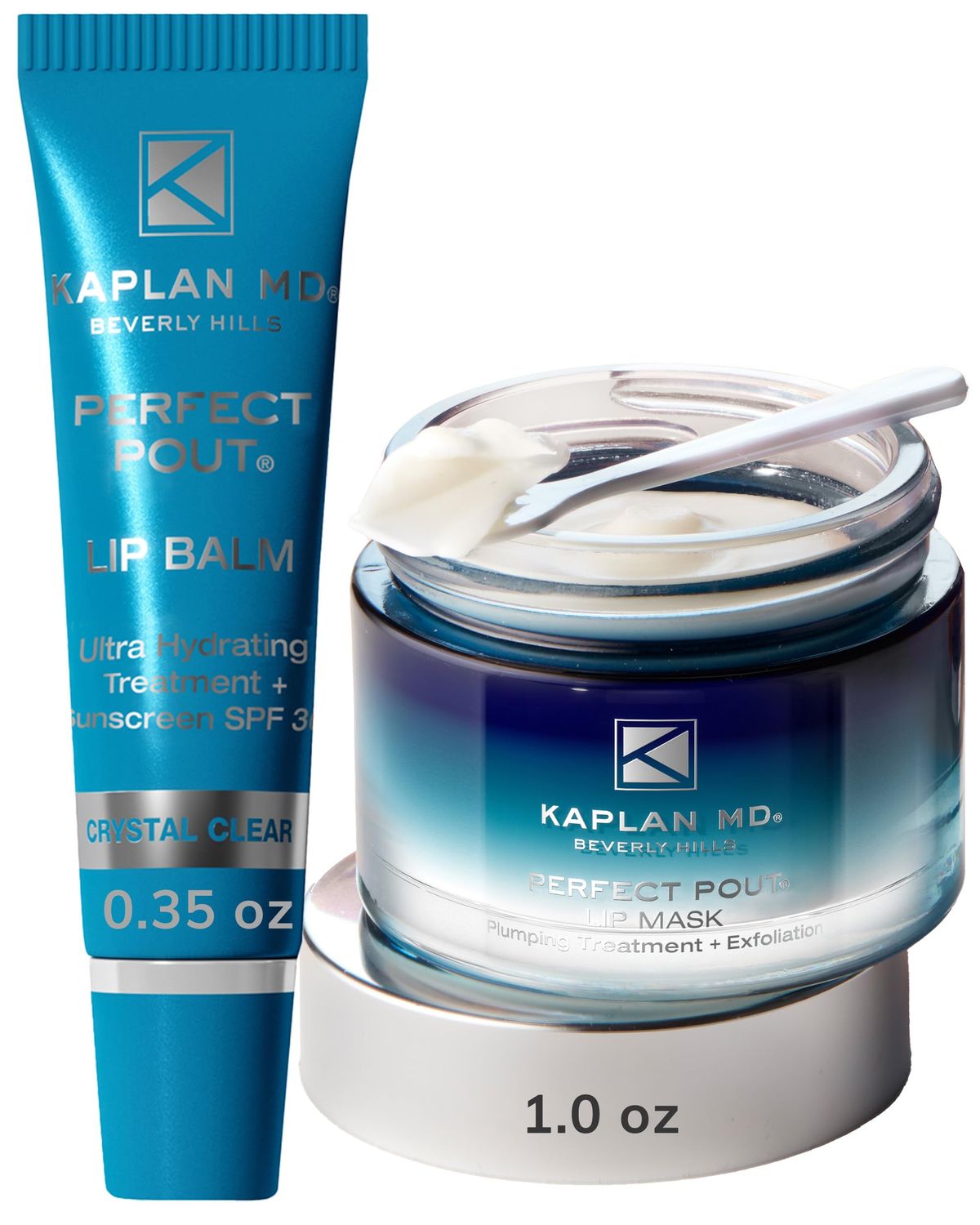 KAPLAN MD Perfect Pout Lip Mask &amp; SPF 30 Lip Balm Duo - Hydrating Treatment with Hyaluronic Acid - Lip Mask (1 oz) Crystal Clear Balm (0.35 oz)