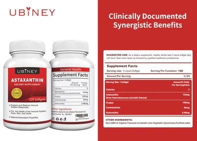 Ubiney Premium Astaxanthin Supplements 12mg Softgels 120 Servings, Supports Immune, Skin, Eye &amp; Joint Health-Non-GMO, Gluten-Free, Microalgae Extract Supplement