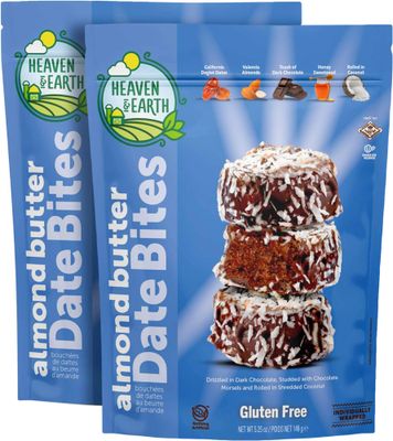 Heaven &amp; Earth Gluten Free Chocolate Covered Almond Butter Date Bite Truffles with Coconut Flakes 5.25oz (2 Pack) Dairy Free, All Natural, Individually Wrapped Date Snacks, Kosher for Passover and ...