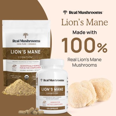 Real Mushrooms Lions Mane Supplement Capsules - Organic Lions Mane Extract for Overall Wellbeing - Beta Glucan Supplements - Vegan 300 ct Mushroom Extract