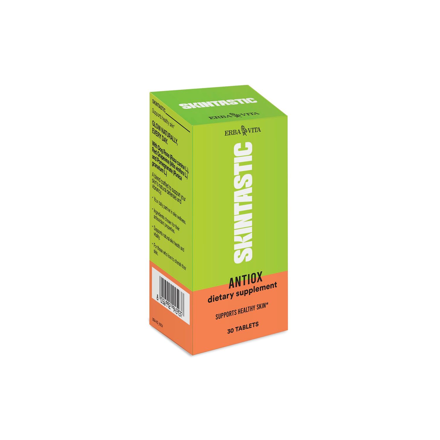 Erba Vita Skintastic Antiox 30 Tablets - Dietary Supplement with Antioxidant Properties, Beta Carotene, Astaxanthin, Coenzyme Q10, Lycopene and Selenium to Support Healthy Skin