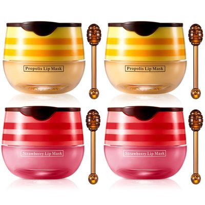 Strawberry &amp; Honey Lip Balm, Vitamin E Lip Masks &amp; Moisturizing/Hydrating Propolis Lip Sleeping Mask With Brush, Nourish And Repair Lip Skin Winter Lip Care Products (2Pcs Honey &amp; 2Pcs Strawberry)