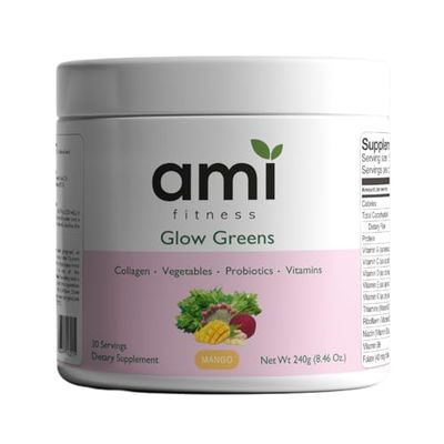 Ami Fitness Glow Greens Powder, Collagen with Probiotics, Vitamins, Digestive Enzymes, Superfoods, Gut Health, Bloating Relief, Radiant Skin, Natural Glow, Spirulina, Juice Mix, 30 SVG, Mango