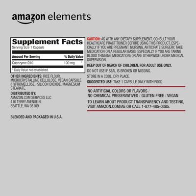 Amazon Elements Vegan CoQ10 100 mg - Normal Energy Production, Supports Cardiovascular Health - 2 Month Supply (60 Capsules)