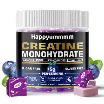 Happyummmm Creatine Monohydrate Chews 5g for Men &amp; Women, Preworkout Gummy with Electrolyte for Muscle Growth, Strength &amp; Energy Support, Blueberry 60 pcs