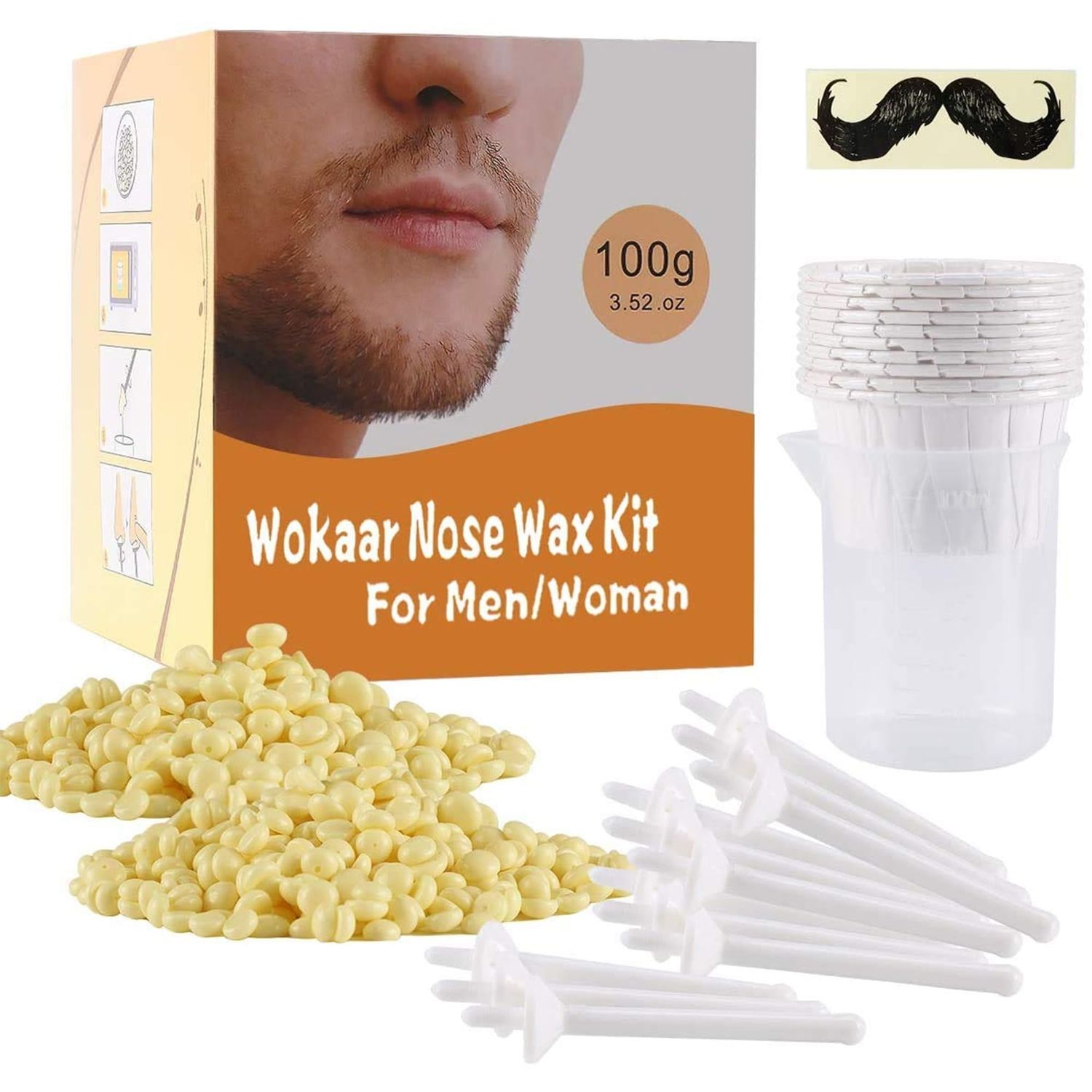 Wokaar Nose Wax Kit for Men &amp; Women | 100g Wax, 30 Applicators (15-20 Uses) | Painless Nasal &amp; Ear Hair Removal | Fast 3-Min Removal | Safe Hair Remover Kit for Nose &amp; Ear Hair | Waxing Kit for Men