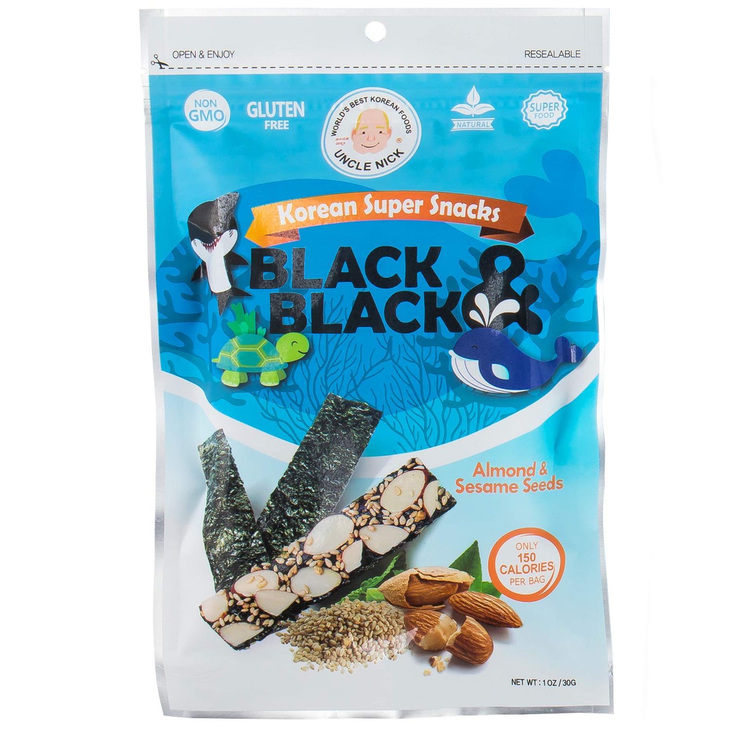 UNCLE NICK Korean Super Snacks - Black &amp; Black Seaweed Snack with Almond and Sesame Seeds 1oz (Pack of 6)