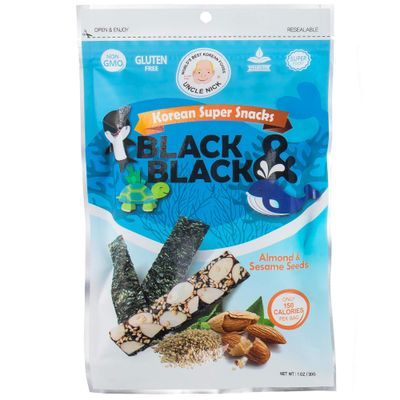 UNCLE NICK Korean Super Snacks - Black &amp; Black Seaweed Snack with Almond and Sesame Seeds 1oz (Pack of 6)