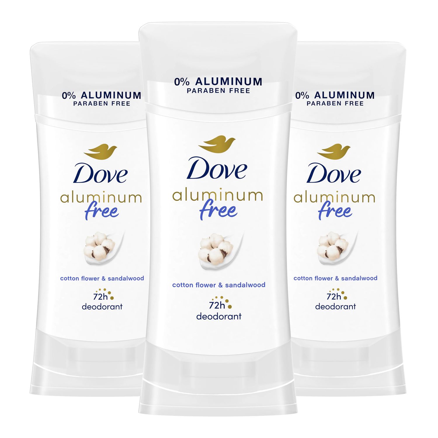 Dove Aluminum Free Deodorant for Women 3 Count Cotton Flower &amp; Sandalwood 72 hour odor protection 2.6 oz