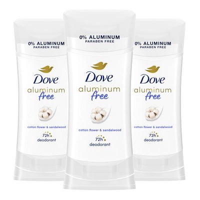 Dove Aluminum Free Deodorant for Women 3 Count Cotton Flower &amp; Sandalwood 72 hour odor protection 2.6 oz