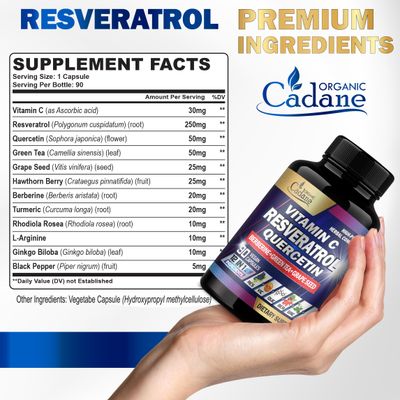 Organic Cadane Resveratrol Supplement - 12in1 Blended with VIT.C, Quercetin, Berberine, Turmeric, Green Tea &amp; More - 90 Capsules 3 Month