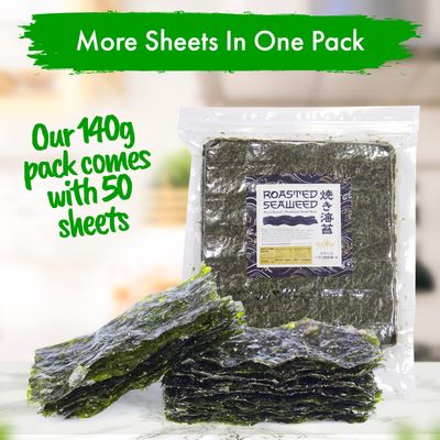 Fusion Select 100 Full Sheet Roasted Seaweed Sheets for Sushi Rolls - Japanese Nori Sheets For Sushi, California Roll, Onigiri, Musubi, Maki, Bento, Dried Seaweed Snack - Full Sheets of Yaki Nori