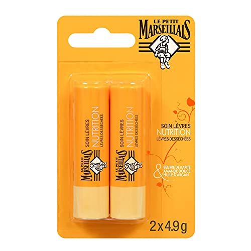 Le Petit Marseillais | Soin Lvres Nutrition Lvres Dessches (2 tubes de 4,9 g) - Baume lvres au beurre de karit, amande douce et huile d&#39;argan - Stick lvres nourrissant