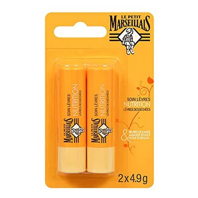 Le Petit Marseillais | Soin Lvres Nutrition Lvres Dessches (2 tubes de 4,9 g) - Baume lvres au beurre de karit, amande douce et huile d&#39;argan - Stick lvres nourrissant