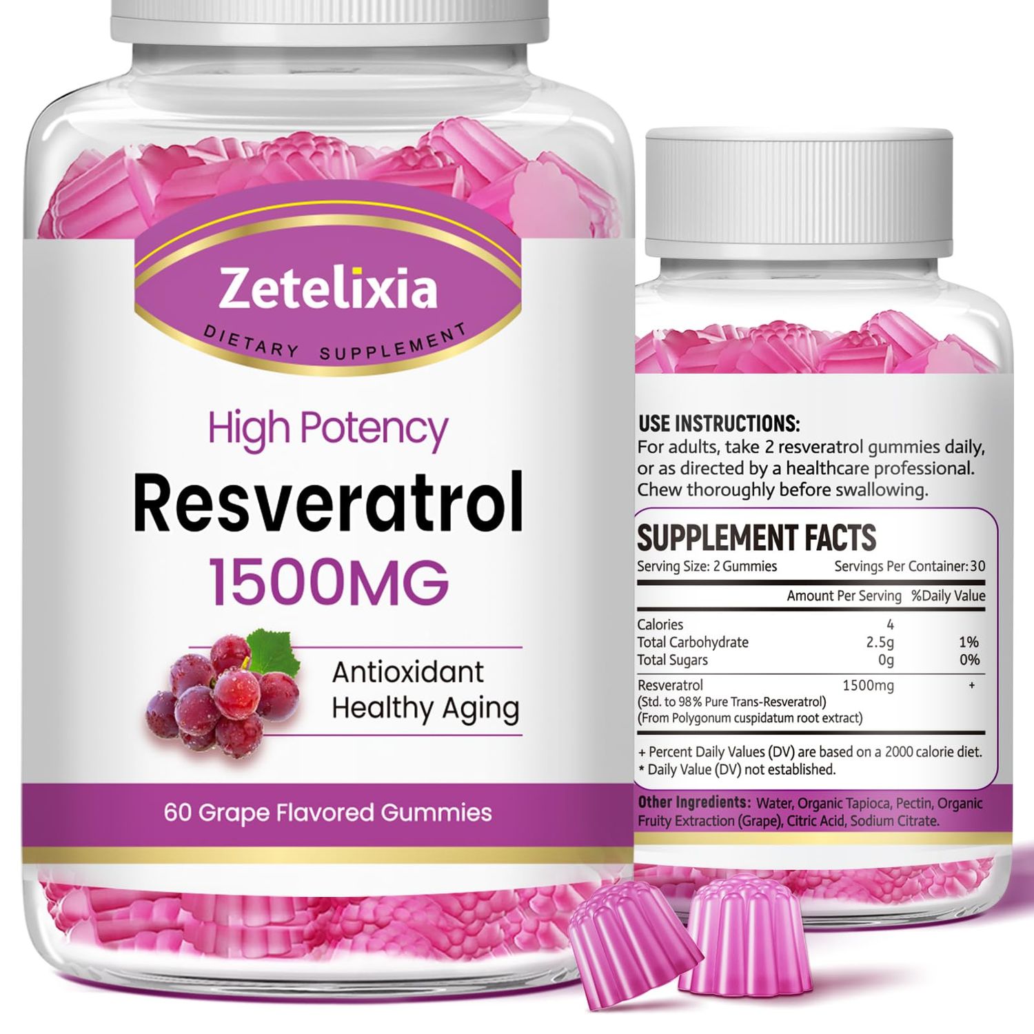 Zetelixia Sugar Free Resveratrol Gummies - High Purity Resveratrol Supplement for Antioxidant, Healthy Aging, Skin, Brain, Organic - 120 Gummies