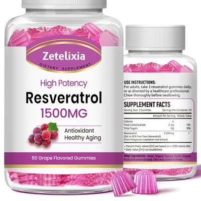 Zetelixia Sugar Free Resveratrol Gummies - High Purity Resveratrol Supplement for Antioxidant, Healthy Aging, Skin, Brain, Organic - 120 Gummies