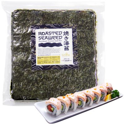 Fusion Select 100 Full Sheet Roasted Seaweed Sheets for Sushi Rolls - Japanese Nori Sheets For Sushi, California Roll, Onigiri, Musubi, Maki, Bento, Dried Seaweed Snack - Full Sheets of Yaki Nori