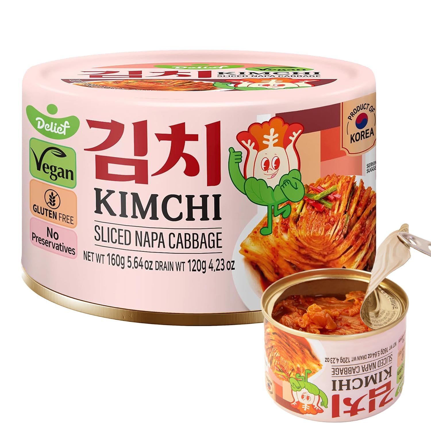 DELIEF Sliced Spicy Kimchi - Authentic Korean Napa Cabbage, Vegan, Gluten-Free, Shelf-Stable Canned, No Preservatives, 5.64 oz/160 g (1 Can)