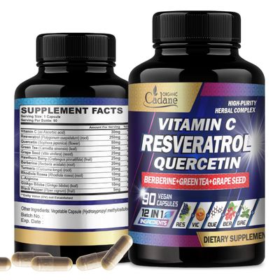 Organic Cadane Resveratrol Supplement - 12in1 Blended with VIT.C, Quercetin, Berberine, Turmeric, Green Tea &amp; More - 90 Capsules 3 Month