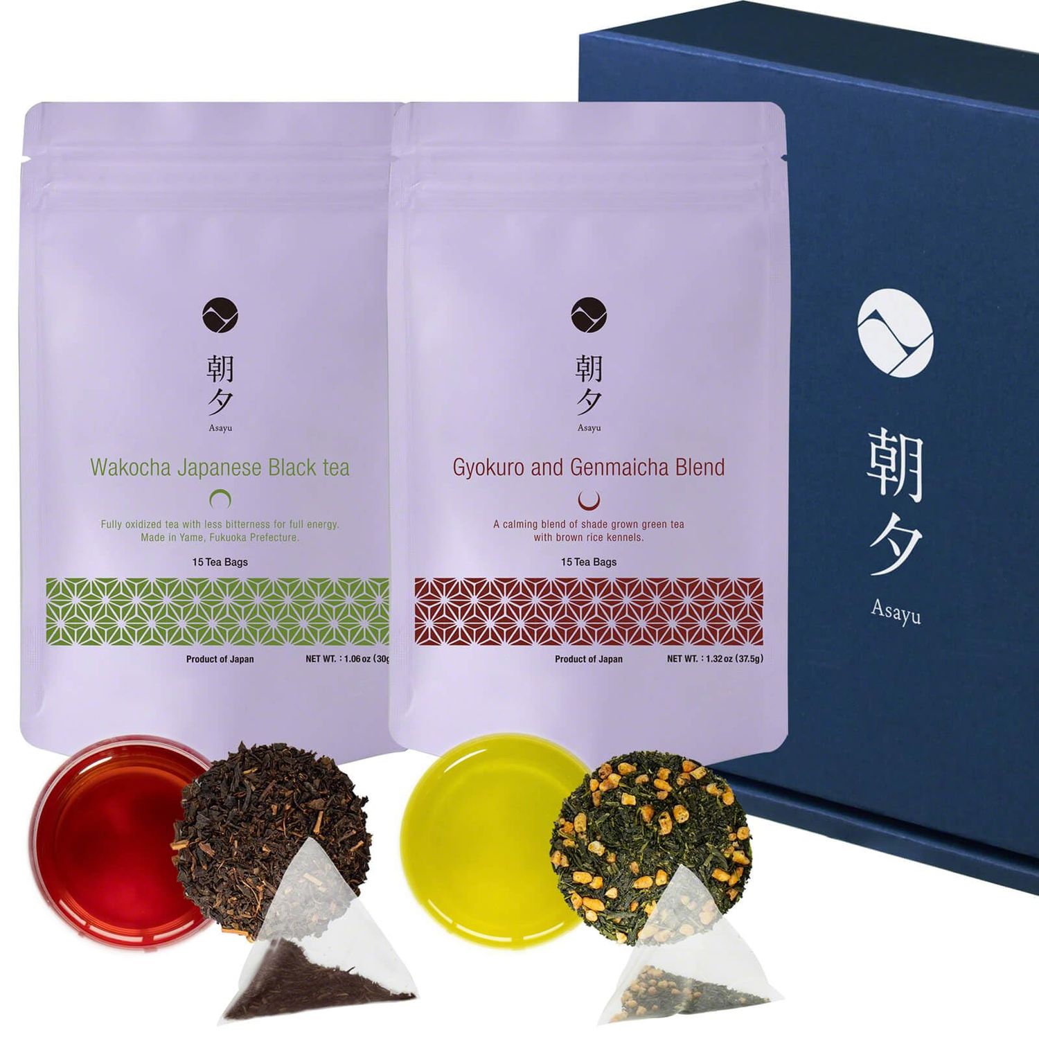 Asayu Japan Green - Timeless Brew Gift Set (Wakocha and Genmaicha with Gyokuro) 30 Tea Bags 100 Made in Japan, Japanese Black Tea and Roasted Brown Tea with Gyokuro Powder - Timeless Brew Japanese ...