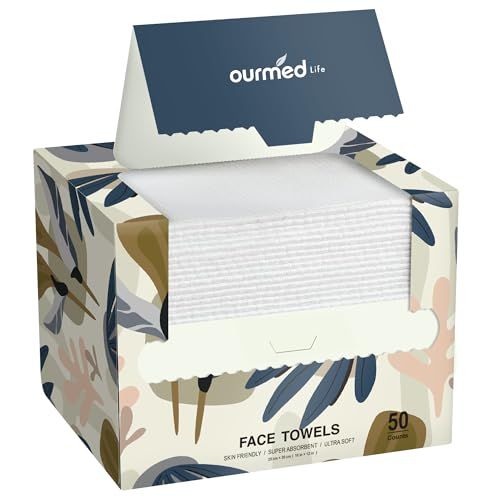 Ourmed Life Face Towels, Disposable Biodegradable Facial Towels for Sensitive Skin, Lint- free Face Wipes for Washing Face, Skincare and Makeup Remover, Dry Wipes, 10&quot;12&quot; Extra Large, 50 Count