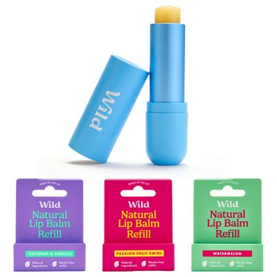 Wild Refillable Lip Balm Starter Kit - Includes Blue Aluminum Case &amp; 3 Pack Lip Balm Refills in a Variety of Scents - Includes Coconut &amp; Vanilla, Passionfruit Swirl &amp; Watermelon Flavors