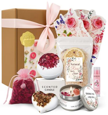 JMHACHY Spa Gifts for Women - Mothers Day Gifts for Mom, Self Care Kit, Birthday Anniversary Care Package Ideas for Wife Girlfriend Her, from Husband Daughter Friend, 8PCS Items with Rose Scent Themed
