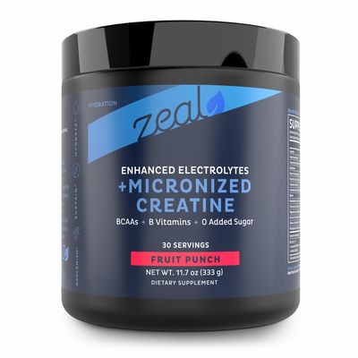 Zeal Electrolyte Powder w/Micronized Creatine (30 Servings | Fruit Punch) w 0 Sugar BCAAs B-Vitamins Electrolyte Supplement w Potassium Zinc &amp; Magnesium for Hydration - Keto Electrolyte