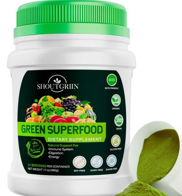 SHOUTGRIIN Green Superfood Powder - Organic Super Greens Drink for Bloating, Energy &amp; Digestion - Daily Vegan Detox Supplement with Spirulina, Chlorella, Prebiotics - 53 Servings