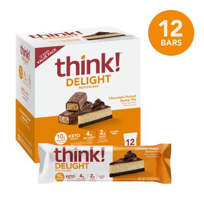 think! Delight Protein Bars, Chocolate Peanut Butter Pie, Low Sugar &amp; Low Carb Gluten-Free Snack, Keto Friendly Snacks, 12 Count (Packaging May Vary)
