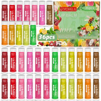 Yopela 36 Pack Natural Lip Balm Bulk with Vitamin E and Coconut Oil - Moisturizing, Soothing, and Repairing Dry and Chapped Lips Valentine&#39;s Gift- 12 Flavors - Non-GMO