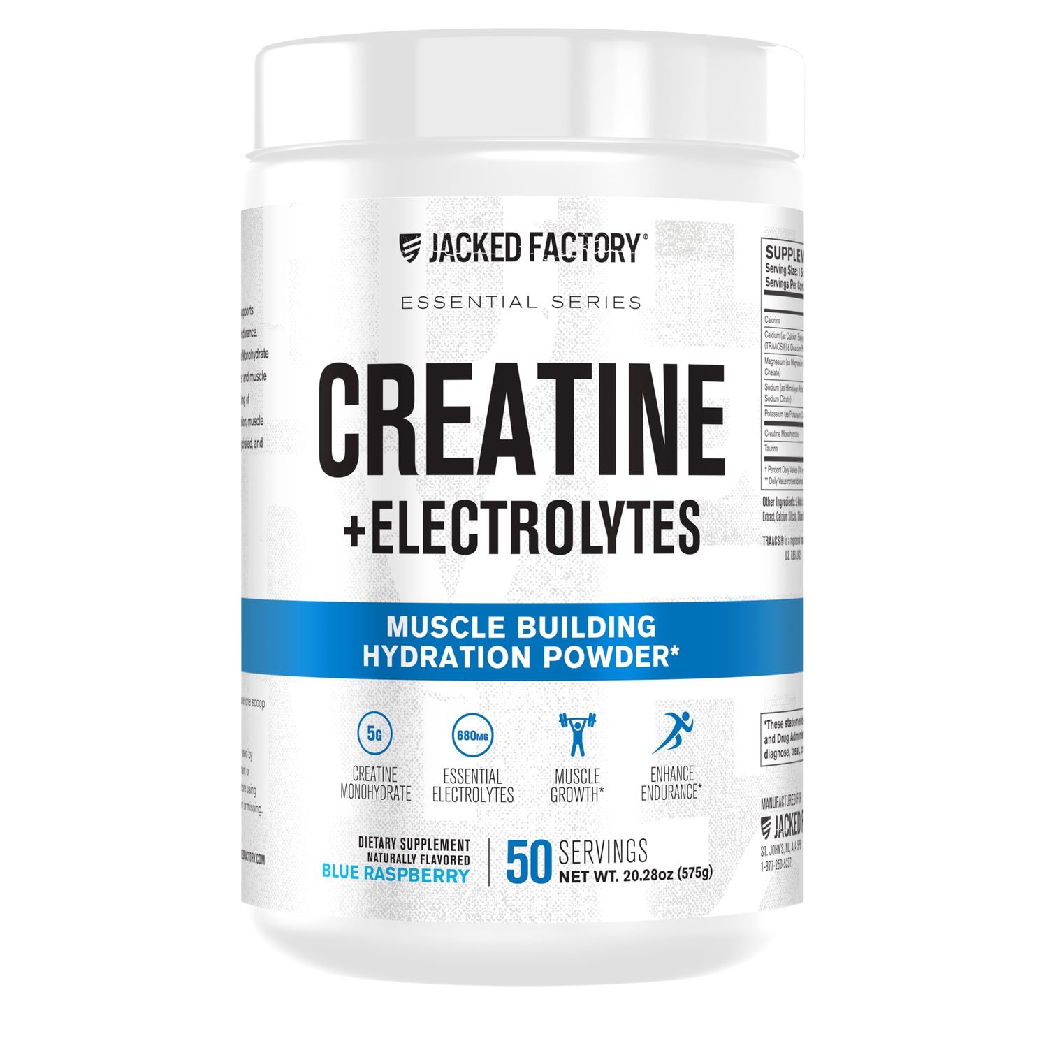 Jacked Factory Creatine Electrolytes - Creatine Monohydrate with Taurine, Calcium, Sodium, &amp; Potassium to Increase Muscle Growth, Strength, Hydration, &amp; Endurance - 50 Servings, Blue Raspberry