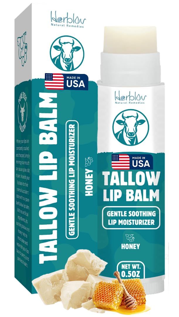 Beef Tallow Lip Balm - Natural Tallow Beeswax Chapstick - Hydrating Moisturizer Grass Fed Bison Tallow Balm Lip Care - Soothes Chapped, Dry Lips, Sensitive Skin - Long Lasting &amp; Vitamin Rich USA-Made